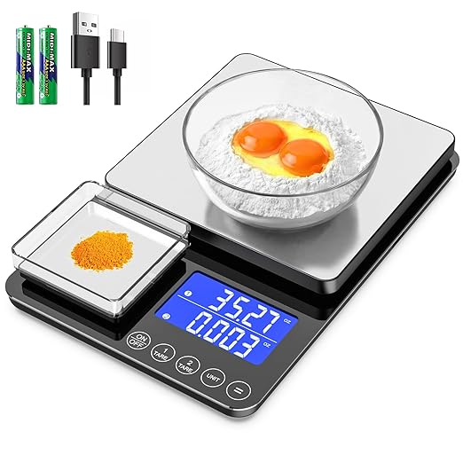 KKZ 0.001oz/33lb Kitchen Scale, Dual Platform Food Scale Grams and Ounces Rechargeable for Weight Loss Baking Cooking Meal Prep Sourdough Bread, Stainlesl Steel