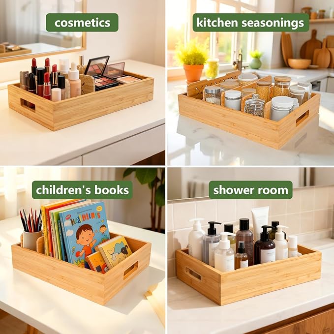 Bamboo Drawer & Counter Organizer Tray with Adjustable Dividers, Versatile Organizer for Bathroom, Kitchen, Desk & Kids' Items