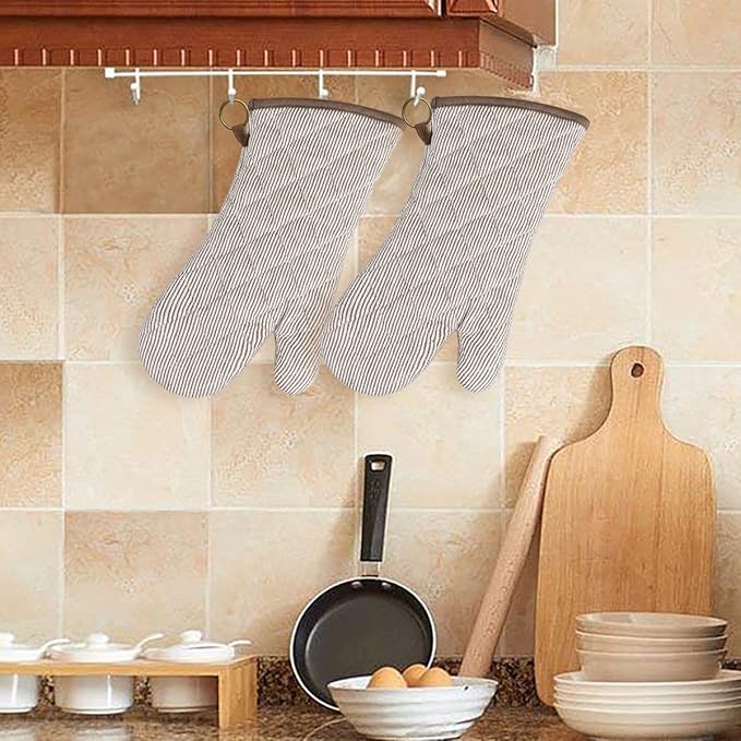 1 Pair Yarn Dyed Oven Mitts 100% Cotton Heat Resistant 470 Degree Gloves Men Women Cooking Baking Barbecue BBQ Microwave Crafting Machine Washable Pot Holders Mittens (Khaki)