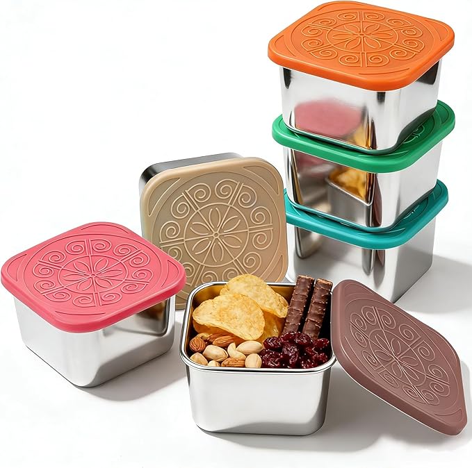 Snack Box Containers - 6 Pack 6oz Reusable Small Snack Containers with Silicone Lids, 304 Stainless Steel Metal Stackable Food Storage Cups, Salad Dressing Dipping Sauce for Travel, Picnic
