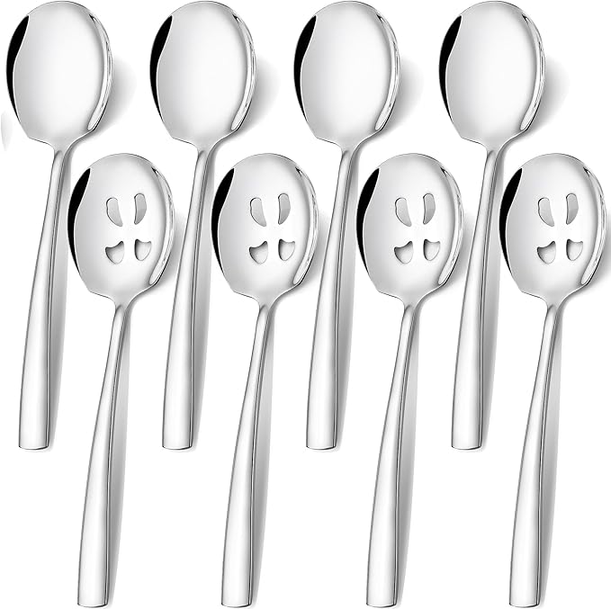 Stainless Steel Serving Spoons Set, 9.2-Inch Large Slotted Spoon x 4, Serving Spoon x 4, Big Serving Utensils Set for Buffet, Parties, Catering (4 Slotted & 4 Solid, Silver)