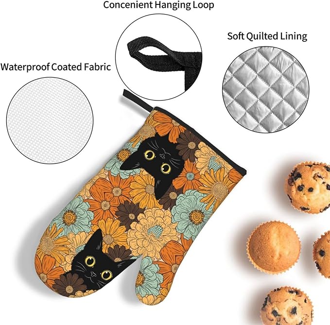 Black Cat Oven Mitts Heat Resistant Set of 3, Retro Orange Floral Oven Gloves and Hot Pads for Cooking Baking Grilling BBQ, Cat Lover Gifts for Women Baker, Cute Kitchen Mitts