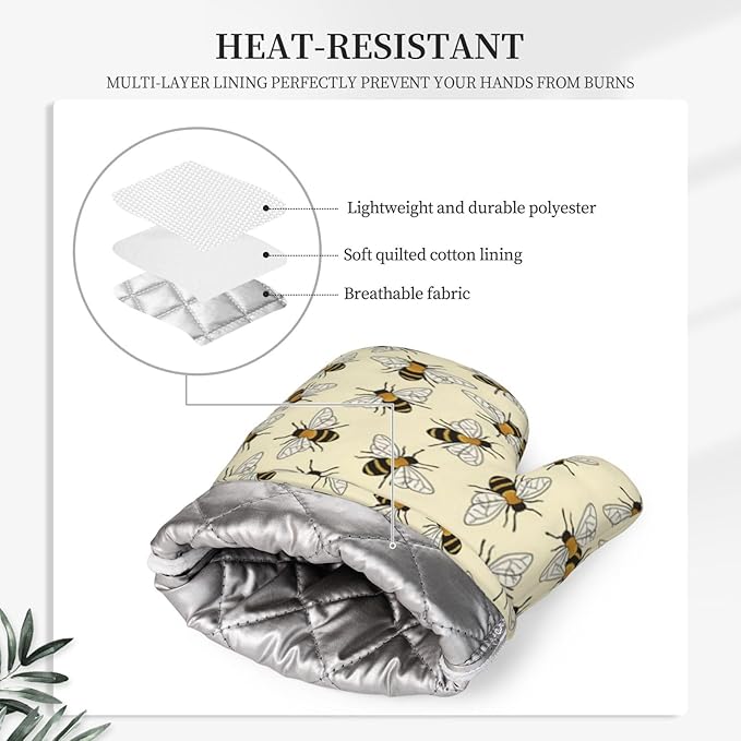 Happy Busy Bees Oven Mitts and Pot Holders Sets Silicone Bees Kitchen Mitts Bee Potholders Heat Resistant 4Pcs Oven Gloves Hot Pads for Kitchen Baking Cooking BBQ Grilling