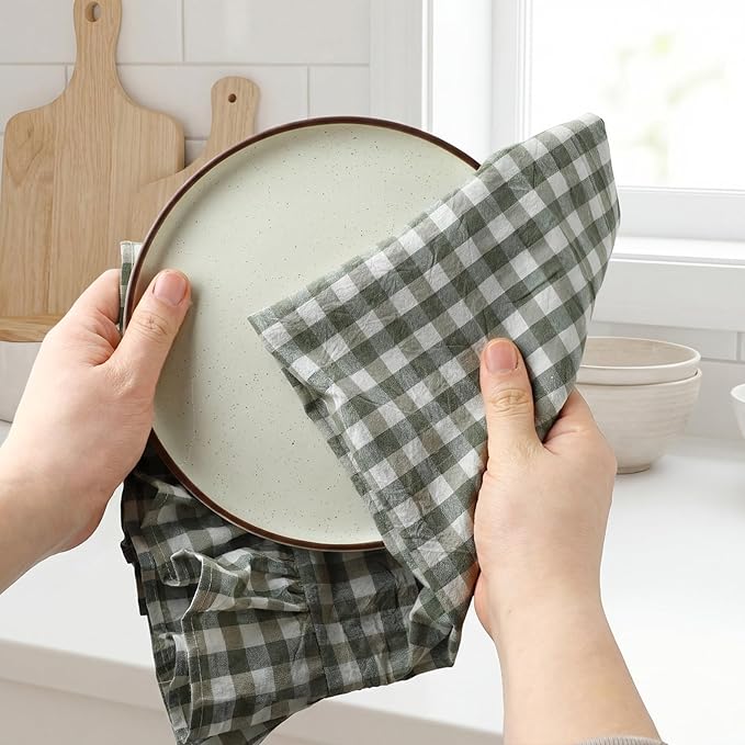 HunnmingRe Sage Green Kitchen Towels Set of 2, 100% Cotton Ruffled Gingham Dish Towels 18"x28" Absorbent Tea Cloths Classic Plaid Pattern for Farmhouse Charm, Drying Dishes, Entertaining Guests