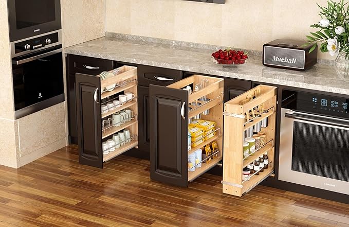 OCG 5" Pull-Out Solid Wood Storage Organizer for Base Cabinets, Soft Close 3 Tier Narrow Pull-out Wooden Storage Rack for Spices, Utensils, and Kitchen Tools