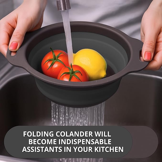 Black Silicone Collapsible Colanders - Kitchen Plastic Foldable Strainers for Pasta Small Camping Colander Bowl for Food