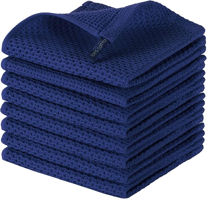 joybest Cotton Kitchen Dish Cloths, 8-Pack Waffle Weave Ultra Soft Absorbent Dish Towels Washcloths Quick Drying Dish Rags, 12x12 Inches, Navy Blue