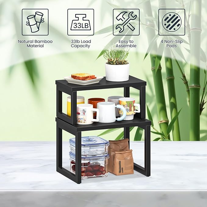 HOOBRO Cabinet Organizer Shelf, Set of 2 Kitchen Counter Shelves, Expandable Kitchen Storage, Stackable Bamboo Spice Rack, for Kitchen, Countertop, Office Desk, Living Room, Black BK20TL01