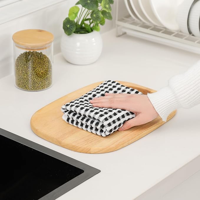 SALAS Cotton Dish Towels Cloths for Kitchen Drying Dishes, Lattice Terry Kitchen Towels, Absorbent Cloths with Hanging Loop, 16‘’ x 26‘’, 4 Packs, Wine Red and Black