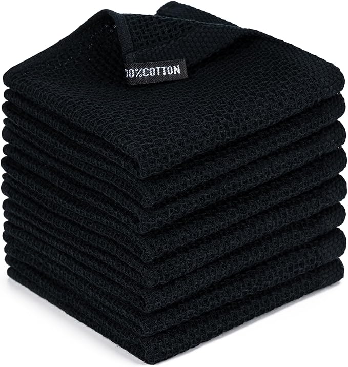 BOOMIBOO 8-Pack Kitchen Dish Cloths, 100% Cotton Waffle Weave, Ultra Soft Absorbent, Quick Drying Dish Towels, 12x12 Inches, Black