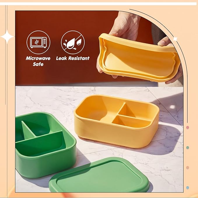 Layhit 2 Pcs Silicone Bento Box for Adults, 27 oz Bento Lunch Container Reusable 3 Compartment Lunchable Food Container for Women Men, Leak Proof Microwave Dishwasher Freezer Safe (Green, Yellow)
