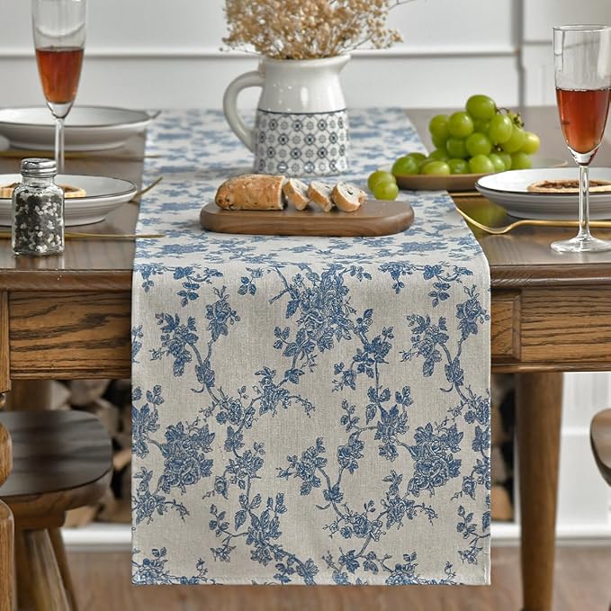 Artoid Mode Monochrome Sketch Branch Toile Textures Chinoiserie Cotton Dark Grey Table Runner, Seasonal Retro Vintage Kitchen Dining Table Decoration for Home Party Decor 13x72 Inch