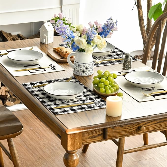 Artoid Mode Love Family Together Home Buffalo Plaid Placemats for Dining Table, 12 x 18 Inch Holiday Vintage Thanksgiving Washable Table Mat Set of 4