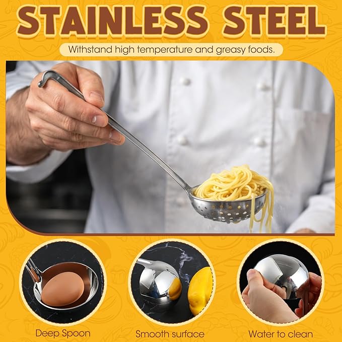 Stainless Steel Soup Ladle Serving Ladle Scoop and Slotted Spoon Set of 2 with Hook for Hanging, Cooking Utensils Set for Kitchen(3 oz)