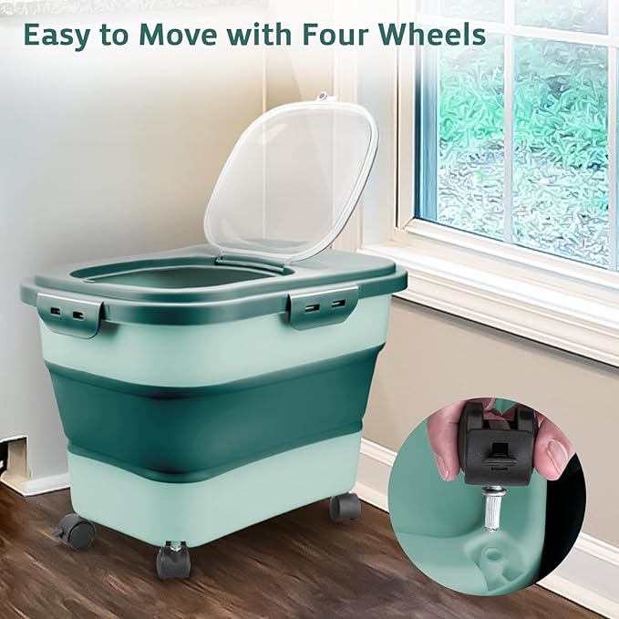 Komzon Rice Storage Containers, Collapsible 20 to 30Lbs Food Storage Bin Dispenser with Rolling Wheel and Clear Airtight Lid, BPA Free Flour, Sugar, Cereal and Dog Cat Pet food Containers