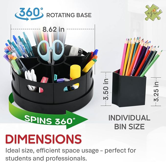 PUZZLE EZ Black Rotating Desk Organizer Lazy Susan Caddies for Home School Office Supplies, Pens, Markers and Art Supplies for Classroom