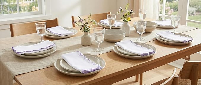 PurpleEssences Scalloped Embroidery Cloth Napkins - Spring Easter Summer - Table Decor - 100% Cotton - Set of 4-18x18 inch - White - Edges - Lavender