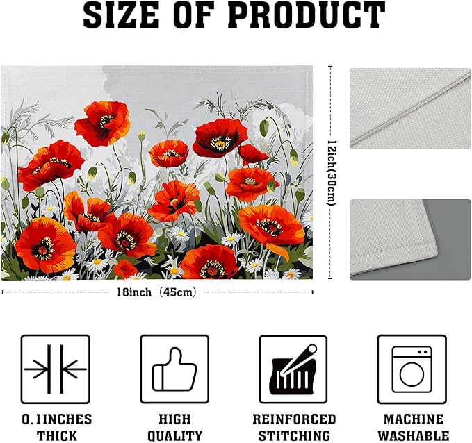 Giwawa Poppy Flowers Placemats Set of 4, 12"x18" Rustic Red Orange Floral Linen Place Mat, Spring Summer Washable Non-Slip Table Mats for Kitchen Dining Party Picnic Indoor Outdoor Decor