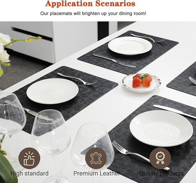 Vinyl Placemats Set of 12 Heat Resistant Easy Clean Non-Slip Place Mats for Dining Table Faux Leather Waterproof Stain Resistant Wipeable Washable PVC Table Mats(12, Black)