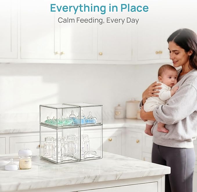 Vtopmart Stackable Storage Drawers Set of 5, Clear Plastic Organizer Bins for Baby Bottle, Beauty Supplies Storage, Ideal for Kichen Countertop, Vanity, Bathroom, Cabinet, Pantry Organization