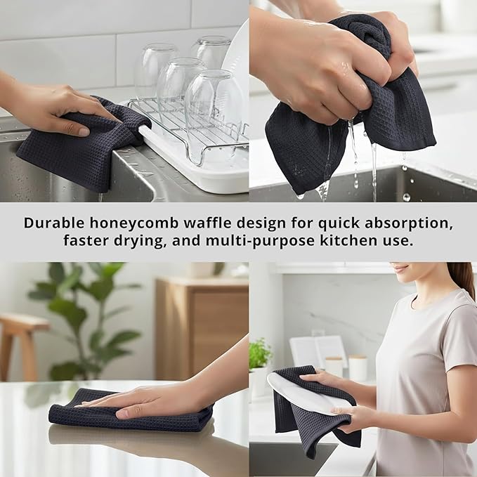 PurpleEssences Waffle Weave Kitchen Towel, 100% Cotton - 15x25 Inches with Hanging Loop, Ultra Soft Absorbent Quick Drying Dish Cloth, Tea and Hand Towels, 4 Pack - Spring Easter Summer - Dark Grey