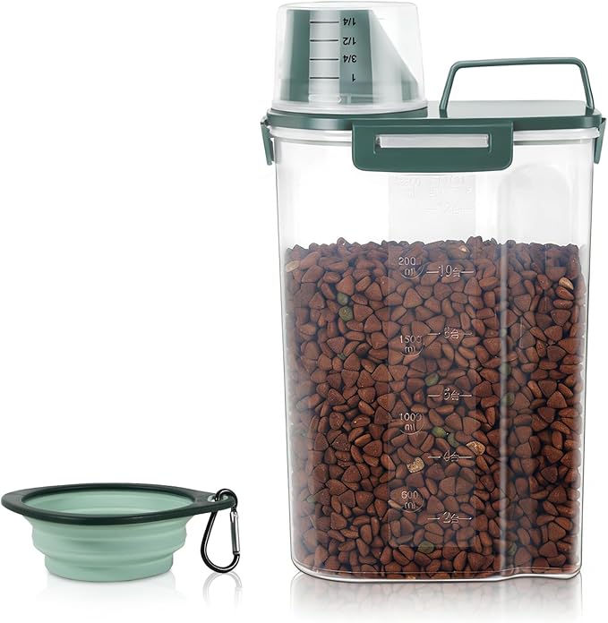 LEAWALK 3-5Lbs/3Qt Dog Cat Food Storage Container With Foldable Bowl. Plastic Pet Food Dispenser for Small Animal Kibble/Pet Food/Bird Seed/Oatmeal/Rice/Flour/Brown Sugart/Cereals (Dark Green)