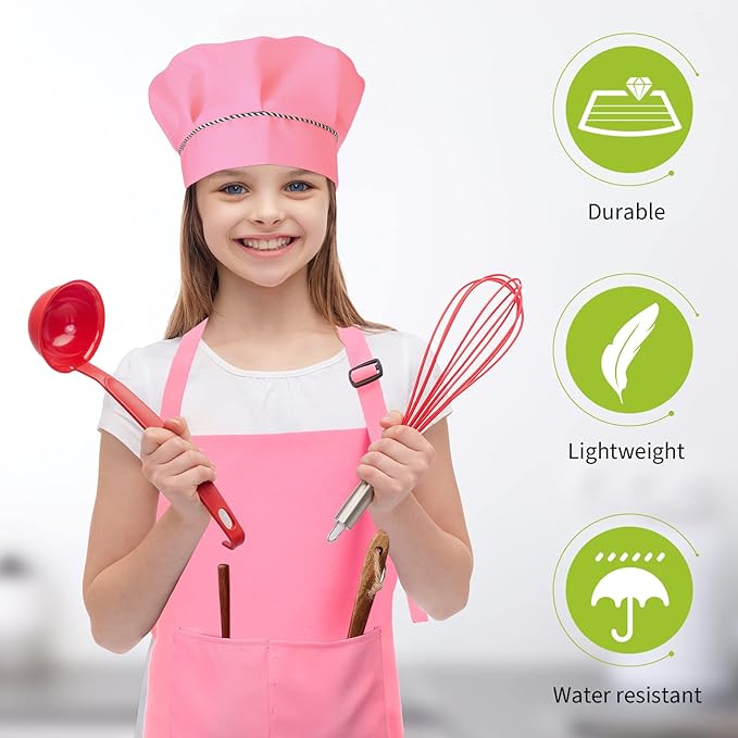 Handepo 28 Pcs Kid Apron and Chef Hat Set Adjustable Bib Apron with Pockets for Kids Cooking Baking Painting Crafting