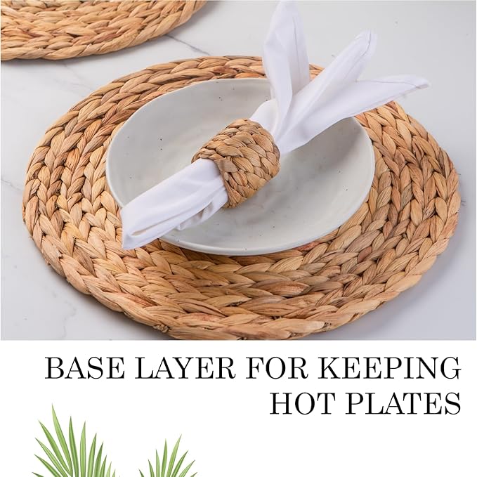 Laquedecraft 13.8" Set of 6 Round Water Hyacinth Placemats | Boho Woven Rattan Table Mats | Farmhouse Wicker Spring Plate Chargers Like Water Hyacinth, Seagrass for Wedding, Party, Christmas, Events