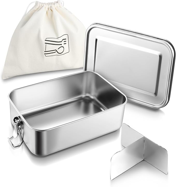 HaWare Stainless Steel Bento Box, 29oz (850ML) Leak-Proof Lunch Box for Kids Adults, 3 Compartments Food Containers with Removable Dividers and Bag, Metal Lunch Containers for Snack Meal Sandwich