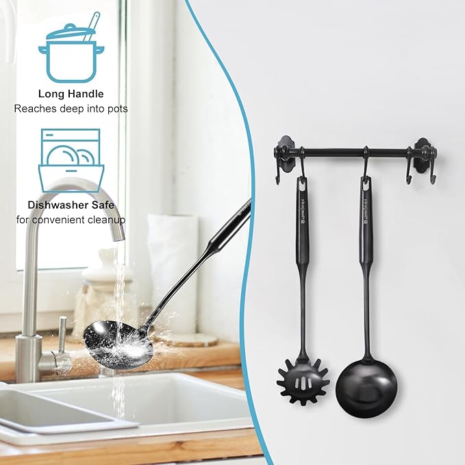 Soup Ladle - 18/10 Stainless Steel Ladle Spoon, 13.8" Large Soup Spoons, Resilient Kitchen Metal Ladel for Cooking, Serving, Stirring, Canning，Sauce, Wok & Soup，Black, Christmas Gifts