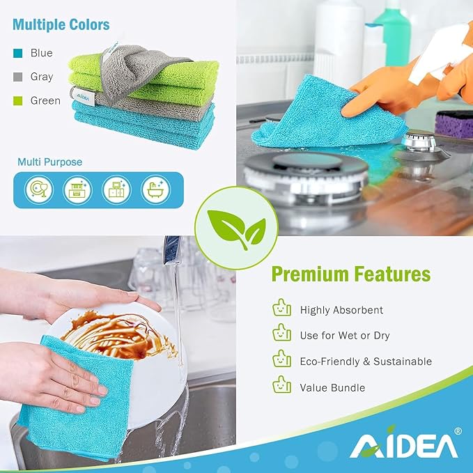AIDEA Microfiber Cleaning Cloth-400PK, Soft Microfiber Towels for Cars, Absorbent Cleaning Rags, Lint-Free Streak-Free Wash Cloths for House, Kitchen, Window(12in.x12in)