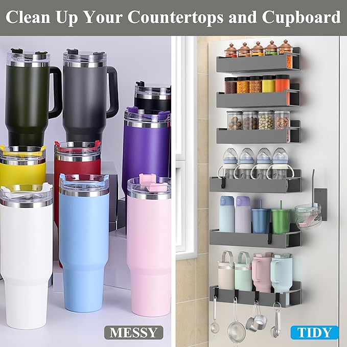 HuggieGems Magnetic Water Bottle Holder for Refrigerator, Cup Holder Organizer for Stanley and Tumbler for Kitchen, 6 Pack, Dark Gray