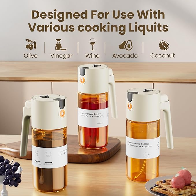 LUKUMIQI 2 in 1 Oil Sprayer for Cooking, 17oz Light-Blocking Glass Spray Bottle with Stickers, Oil Dispenser for Salad, Air Fryer & BBQ