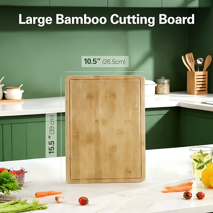 Zarler Bamboo Cutting Boards for Kitchen, 15.5x10.5 Durable Wood Cutting Board with Juice Grooves and Handles, Wooden Chopping Board for Meal Prep, XL Size, Ideal Kitchen Gift
