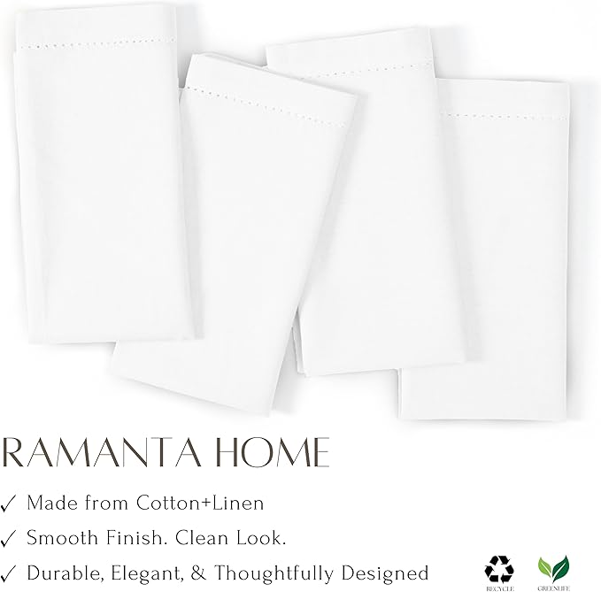 Ramanta Home White Coth Dinner Napkin Set of 12 Premium Easter Cotton 18X18 Inch Linen Flax Hemstitched Soft & Durable Napkins Ideal for Everyday Use, Wedding Parties, Spring Basket Decor