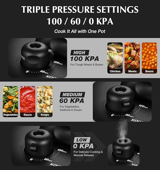KOCH SYSTEME CS Stainless Steel Pressure Cooker 6.3 QT, Olla de Presion, Easy One-Press Lock, 3 PSI Settings Stovetop Pressure Cookers, Save 70% Time, Induction Compatible, Glass Lid & Steamer Rack