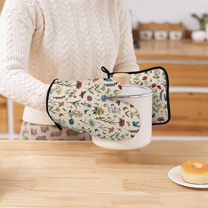 Vintage Floral Oven Mitts and Pot Holders 3Pcs, Retro Floral Silicone Oven Mitts Birthday for Flower Lover, Cute Botanic Wild Flowers Heat Resistant Non-Slip Oven Gloves for Mom Wife Sister