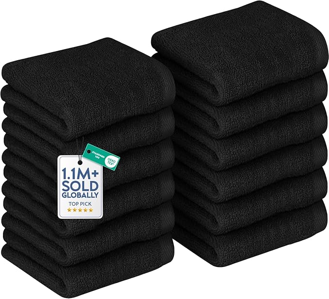 DAN RIVER 12 Pack Wash Cloths for Showering [12x12] - 100% Cotton Washcloths Premium Quality Flannel Face Cloths for Bathroom, Highly Absorbent and Soft Feel Wash Clothes, Black