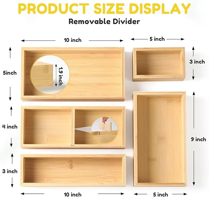 lilLittle Bamboo Drawer Organizer, 5 Pcs Kitchen Drawer Organizer Set, Multi Purpose Utensil Drawer Organizer, Silverware Organizer for Kitchen, Bathroom, Office, Junk Drawers