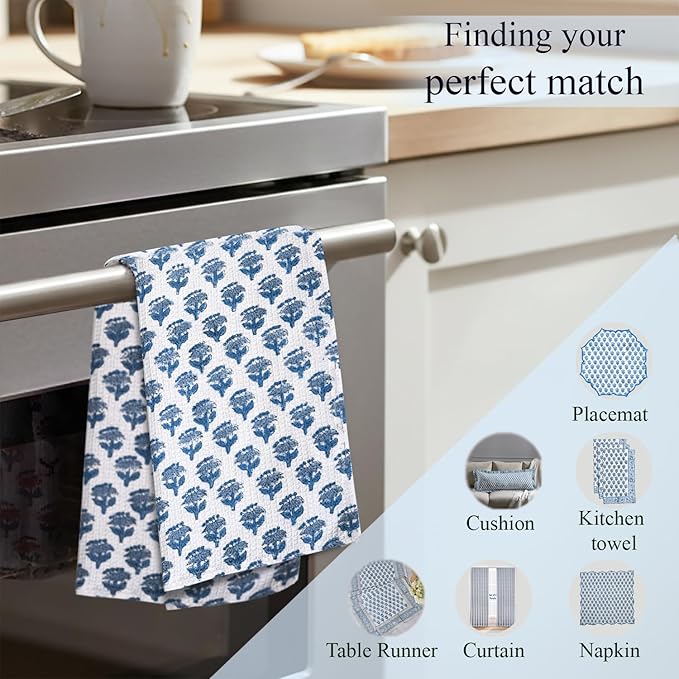 CPC Apatite Blue Hand Block Printed Cotton Waffle Dish Cloth Set of 12-12x12 Inch Super Absorbent, Soft, Reusable Kitchen Towels for Dish Drying & Cleaning Ideal for Spring, Mother's Day