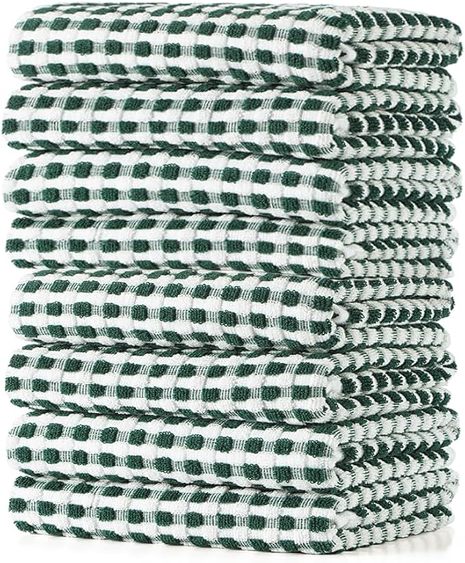 SALAS Cotton Dish Towels Cloths for Kitchen Drying Dishes, Lattice Terry Towels, Highly Absorbent Kitchen Cloths with Hanging Loop, 16‘’ x 26‘’, 8 Packs, Green