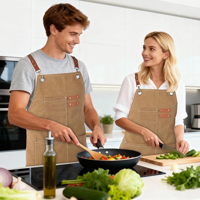 Aprons For Women Men With Large Pockets, Waterproof Cotton Chef Aprons For Cooking Server Grilling Bbq Kitchen