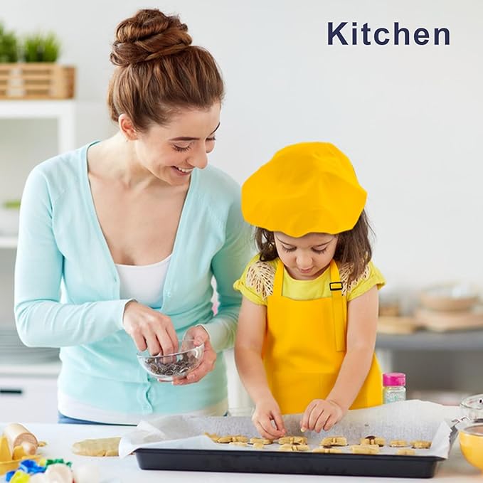 Kids Apron and Chef Hat Set, 16 Pieces Boys Girls Kids Apron with 2 Pockets Adjustable for Cooking Classroom Baking Painting, 6-13 Years, Bright Color