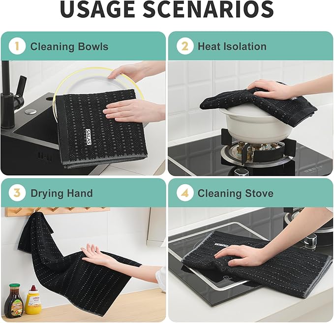 SALAS Kitchen Dish Towels, Bulk Cotton Kitchen Hand Towels, 390 GMS Plaid Dish Cloths Rags for Drying Dishes with Hanging Loop, 16‘’ x 26‘’, 4 Packs, Black