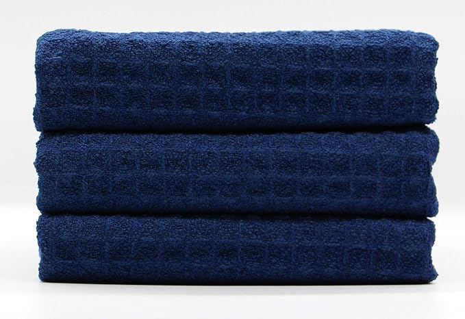 Waffle Weave Kitchen Towels - Thick Microfiber Absorbent Tea & Dish Drying Towels - Lint Free - 16Inch x 24Inch - 3 Pack Navy Blue