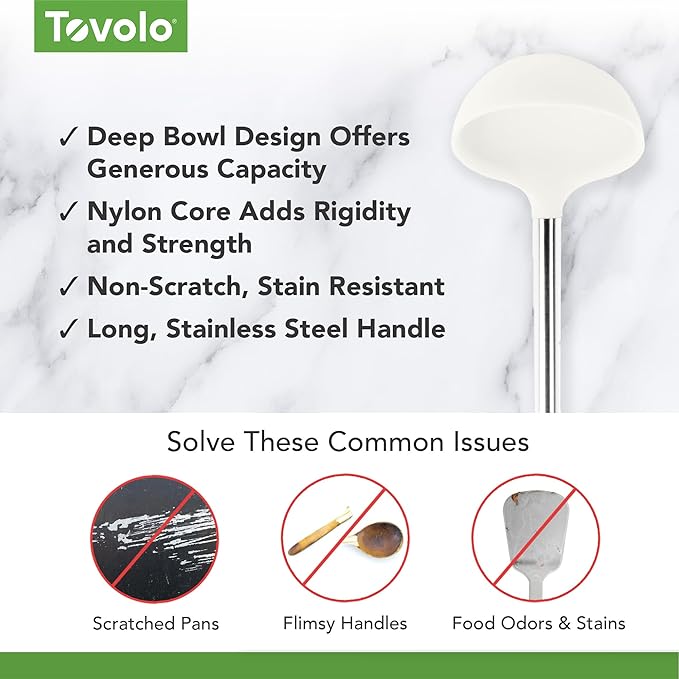 Tovolo Silicone Ladle With Stainless Steel Handle Deep Soup Ladle for Cooking Canning Serving Soup Punch Stew Sauce, Large Kitchen Utensil Spoon Dishwasher Safe BPA Free Silicone White