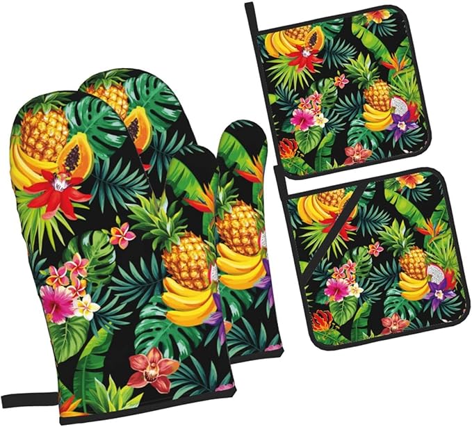 Tropical Fruit Pineapple, Palm Leaves and Flowers Oven Mitts and Potholders Professional Heat Resistant Cotton Oven Mitts Kitchen Gloves 4 Piece Set