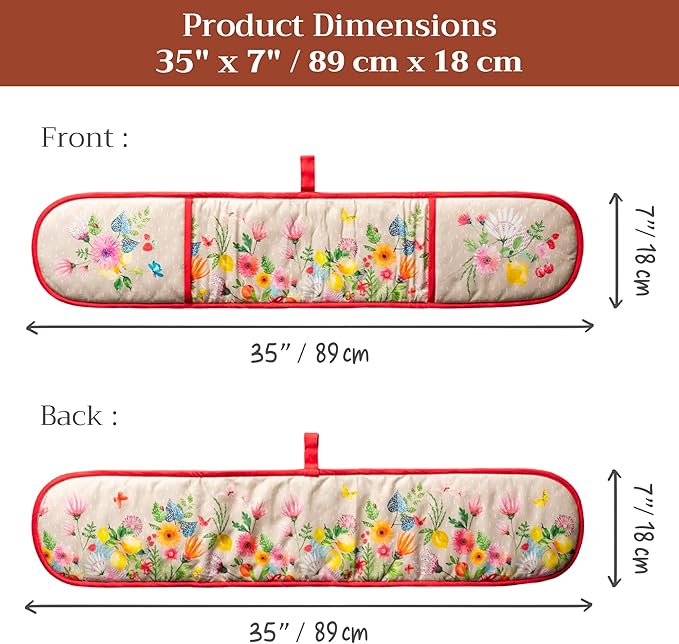 Maison d' Hermine Double Oven Mitts 100% Cotton 7"x35" Double Oven Mitt Heat Resistant BBQ Cooking Gloves with Loop Baking Grilling Gifts for Mothers Day Spring Summer (Jardin D'Ete - Fog)