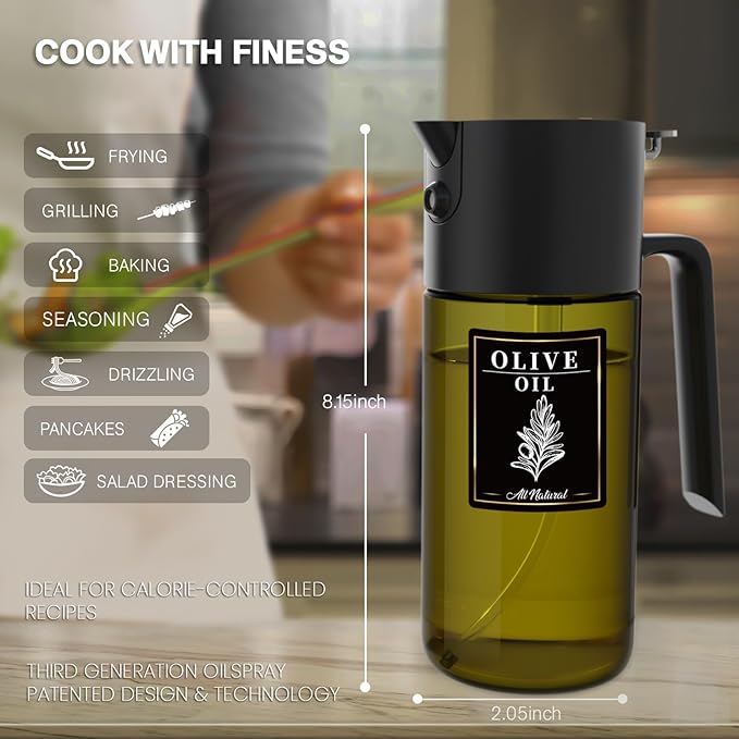 2-IN-1 500ml/17oz Light-Blocking Dark Oil Sprayer for Cooking with Sticker, Dark Green Glass Olive Oil Dispenser Bottle for Kitchen, Even Spray with Portion Control, Perfect for Air Fryer, BBQ - Black
