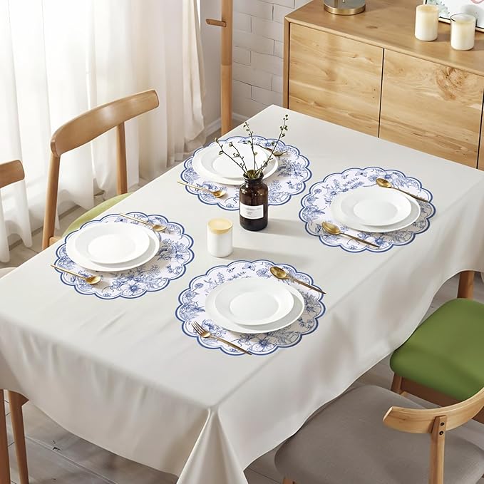 60 Pcs Blue Floral Paper Placemats, 13.5 Inch Disposable Scalloped Table Mats Wedding Placemats, Vintage Floral Banquet Place Mats for Mother's Day Table Setting Baby Shower Wedding Bridal Tea Party